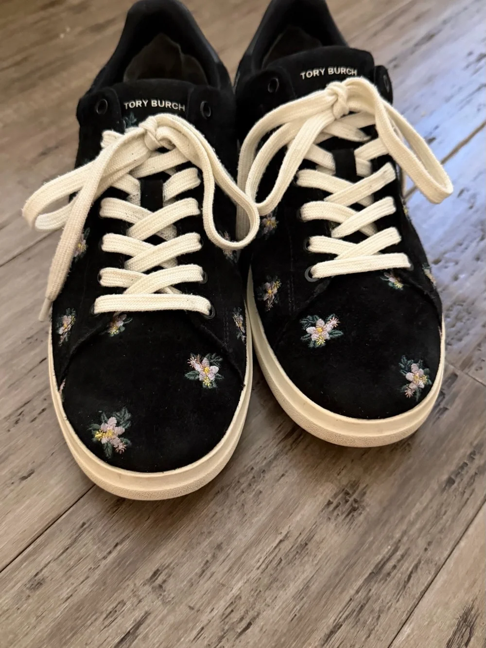 Tory Burch Black Suede Floral Embroidered Sneakers with Cream Laces